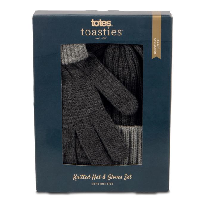 totes Mens Chunky Knitted Hat & Gloves Gift Set Charcoal Extra Image 1